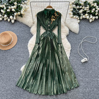 Robe décontractée élégante pour femme WIWT à manches longues, col montant, nœud plissé, coupe trapèze, avec décor floral, idéale pour le quotidien et les fêtes