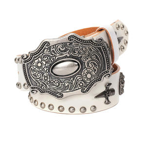 Alta Qualidade 3.8cm 1.5 "Largura Western Metal Name Plate Buckle Branco e Preto Pele Genuína Couro Metal cravejado Punk <span class=keywords><strong>Belt</strong></span> - Product Image 1