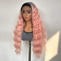Perruque Lace Front HD13*6 en Fibre Synthétique Futura Premium, Ondulations Water Wave, Ombré Noir Rose Mat, Résistante à la Chaleur, pour Femmes, Vente en Gros