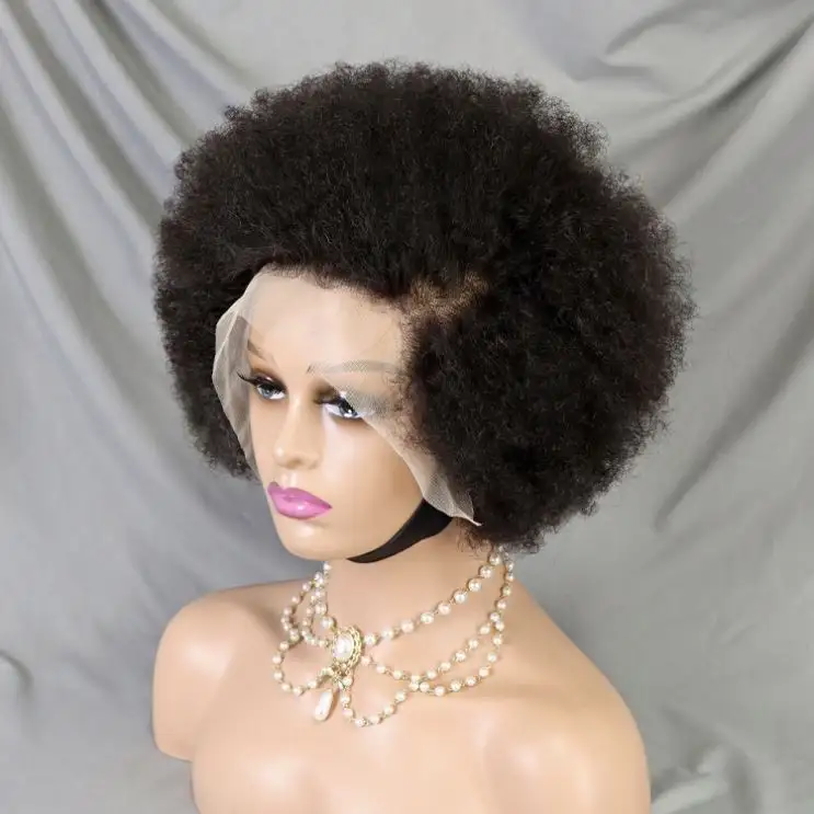 Peruca encaracolada afro curta e sem cola, peruca frontal curta com renda bob, corte curto e pixie, cabelo humano, barata