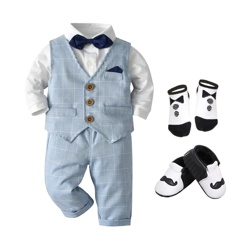 Nouveau design Little Gentleman 5 pièces ensemble avec chaussures chaussette coton 1 à 4 ans enfants tenues de mariage vêtements bébé garçon costume