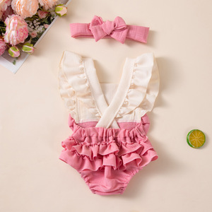 Friendly <b>Baby</b> Girl Ruffle Romper With <b>Headband</b> Heart Print Outfit for Toddler Daily Party Wear - Product Image 3