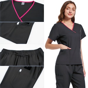 Women's Black Scrub Set Short Sleeve V-Neck With Pink Trim Moisture Wicking Medical Uniform For Dental Clinic Hospital Use - Product Image 1