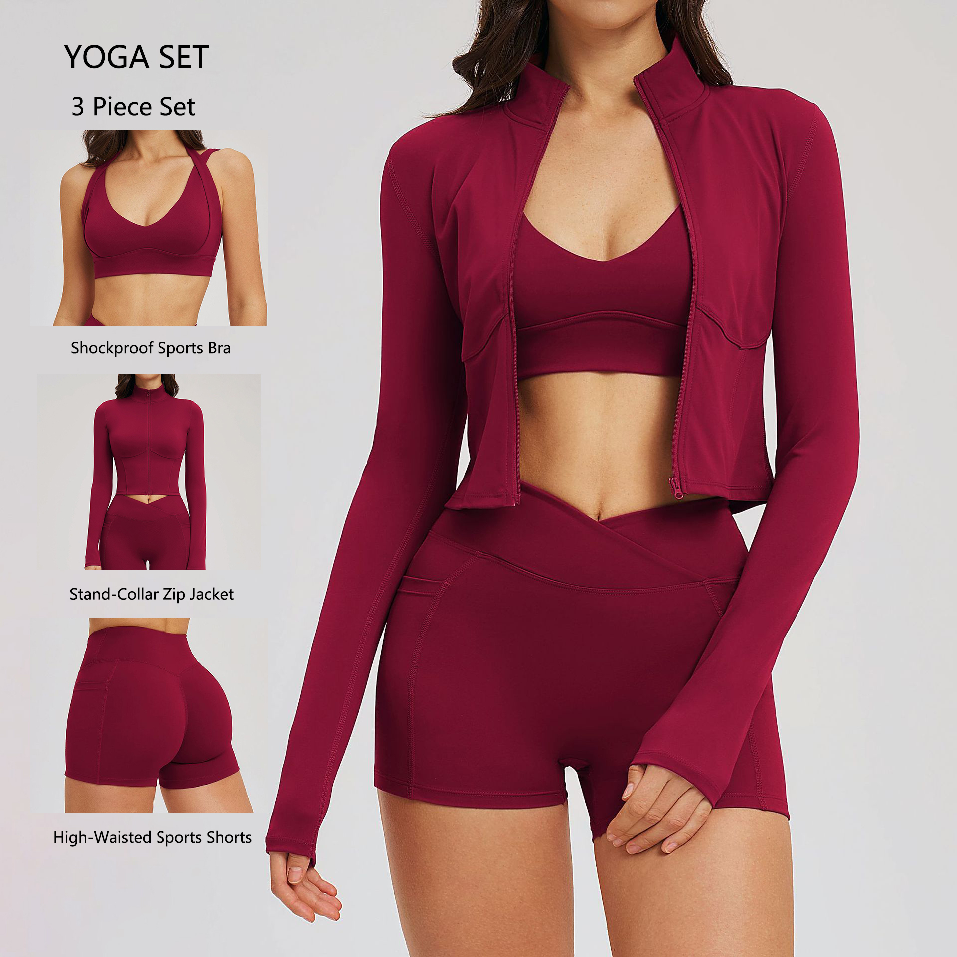 Nude Feeling Stand Collar Zip up Yoga Set Women Slim Fit Backless Casual Fitness Outfit Outdoor Running Sports Three Piece Set