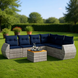 Conjunto de Sofá de Jardín de Mimbre Sintético con Cojines, 6 Plazas, Muebles de Exterior de Estilo Contemporáneo, Estructura de Mimbre Gris - Product Image 2