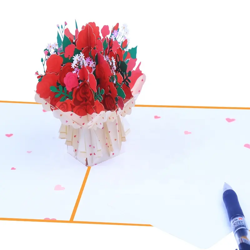 La bella rosa rosa fatta a mano all'ingrosso propone un biglietto di auguri pop-up 3d pieghevole in carta da matrimonio con fiore di rosa
