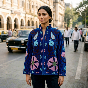 Veste brodée Suzani bleue de qualité supérieure pour femmes, broderie florale inspirée de l'Ouzbékistan, style velours, vêtements de créateur tendance - Product Image 1