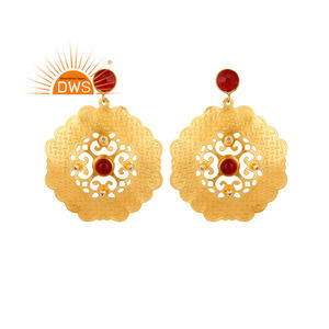 Boucles d'oreilles en pierres précieuses Aventurine rouge CZ faites à la main en plaqué or 18 carats boucles d'oreilles à la mode fabricant de bijoux en laiton Collection Vintage - Product Image 1