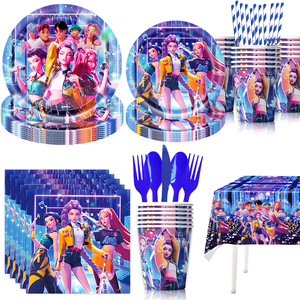 Pack de Fête d'<span class=keywords><strong>Anniversaire</strong></span> K-POP Cartoon Demon Hunter Girl Group : Bannière HBD, Assiettes en Carton, Fournitures de Fête Rumi Kpop Demon Hunters - Product Image 2