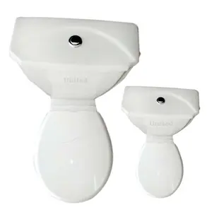 Assento de vaso sanitário de cerâmica branco de duas peças com tampa de assento macia Modelo Irani botão de descarga de parede portátil para uso doméstico