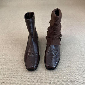 Version en cuir de vache ~ Bottines minimalistes en cuir à bout carré pour femmes, polyvalentes, rétro, à fermeture éclair arrière, stretch, coupe ajustée, bottes tendance - Product Image 2