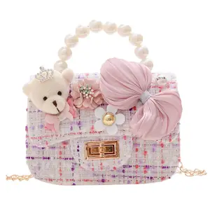 Enfants fleur ours décoration princesse sac à main porte-monnaie perle poignée sac à main petite fille chian bandoulière sac à bandoulière