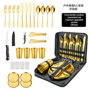 Juego de Cubiertos para Acampar al Aire Libre para 4 Personas, Vajilla Portátil de Acero Inoxidable para Picnic con Estuche, Acabado Dorado - Product Image 1