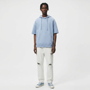 Sweat-shirt universitaire personnalisé en éponge française sweat-shirt à capuche uni à manches courtes à épaules tombantes bleu ciel d'été pour hommes vente en gros - Product Image 1