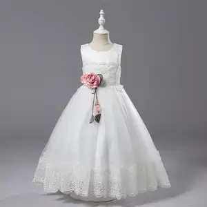 2018 blanco sin mangas de una pieza de encaje largo vestido de los niños de la fiesta de la boda Vestido de niña para 2-9Y