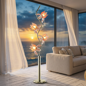 Lampadaire en verre rose de style Mid-Century Modern, hauteur réglable, lumière LED haute luminosité blanc chaud avec abat-jour en forme de fleur pour - Product Image 3