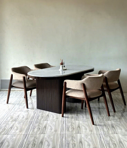 Table à manger ovale moderne, plateau en marbre, base en bois cannelé, mobilier minimaliste pour salle à manger, maison - Product Image 4
