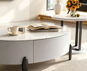 Table basse ovale moderne avec plateau en marbre, structure en métal, rangement, meubles de salon - Product Image 3