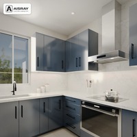 Meubles de cuisine en acrylique pour villa au design minimaliste, aménagement en U, boîtes de rangement en panneaux de particules et commandes sur mesure