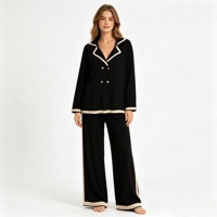 Fourniture usine vetements femme ensemble tricot blazer bord contrasté pantalon jambe large maille OEM en gros