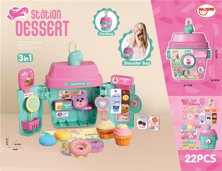 Comida, taza de té con leche, helado, bolso.