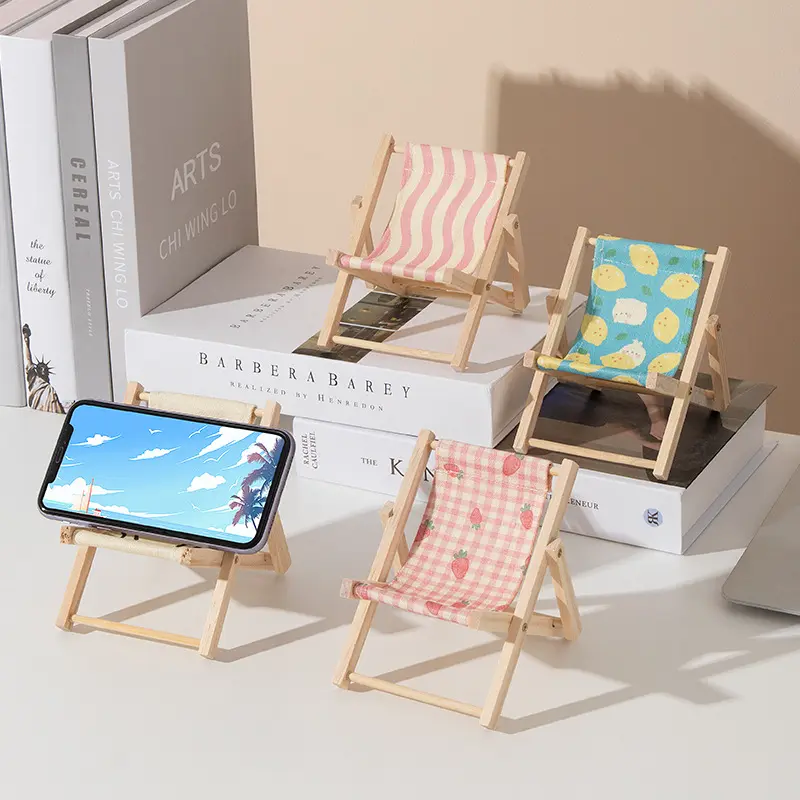 핫 세일 귀여운 휴대 전화 나무 홀더 의자 미니 인형 접이식 해변 라운지 의자 집 장식 창조적 인 판촉 선물