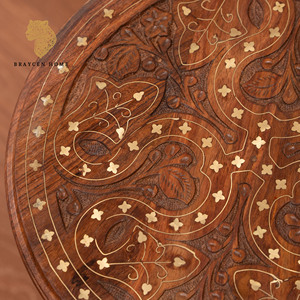 Tavolino Pieghevole in Legno Massello Intagliato a Mano, Tavolino Rotondo Staccabile Stile Boho per Soggiorno, Balcone, Patio - Product Image 3