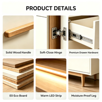 Meuble TV moderne blanc sur mesure pour salon, console multimédia en MDF avec pieds coniques, étagères LED, tiroirs et poignées en bois, OEM ODM
