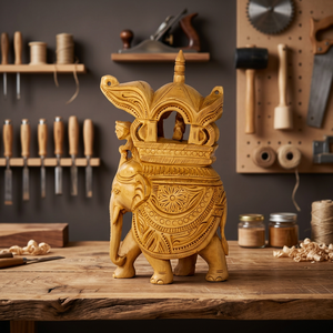 Estatua de Elefante Tallada en Madera Antigua, Arte Indio Ecológico de la India del Rajastán - Product Image 3