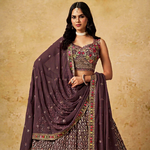 Wholesale Indian Women Dark Purple Mauve Georgette <b>Lehenga</b> Choli Gold Sequins Embroidered <b>Skirt</b> Crop Top Dupatta Set - Product Image 1