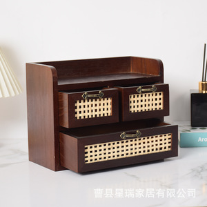 Retro Style Desktop Wooden <b>Storage</b> <b>Box</b> With Bamboo <b>Drawer</b> For Jewelry Cosmetics Office Organization - Product Image 2