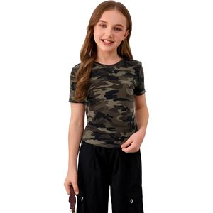 FOXA Camiseta de manga corta con estampado de camuflaje para niña, cuello redondo, top informal de verano, 100% algodón, transpirable - Product Image 2