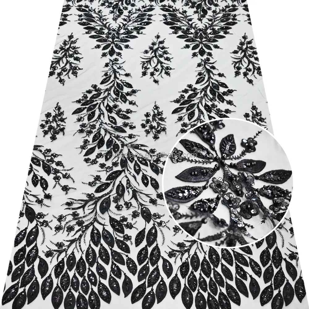 Mais recente design brilhante lantejoulas flor folha bordada malha plana bordado tecido do laço para vestidos de festa