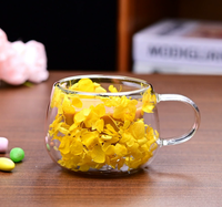 Mug en verre borosilicate soufflé à la main à double paroi avec intercouche de fleurs séchées, résistant à la chaleur, 130 ml, anti-fuite
