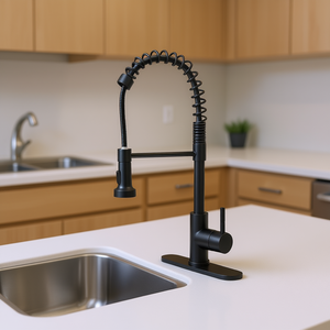 Robinet de cuisine en laiton massif, monocommande, avec douchette extractible, finition noir mat, à poser sur comptoir, design moderne et contemporain - Product Image 2