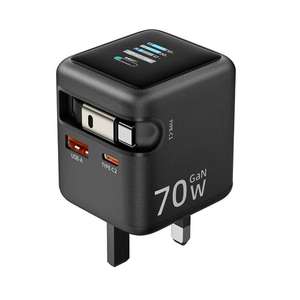 Nouvel adaptateur secteur USB-C USB-A 70W Gan à charge rapide, chargeur cube QC PD avec écran TFT, chargeur de téléphone rétractable pour voyage - Product Image 1