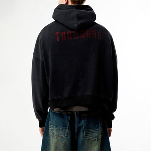 KingSen Custom Cropped Oversized Hoodie Heavyweight Cotton Fleece <b>Drop</b> Shoulder With Rhinestone <b>Back</b> Print Logo OEM Streetwear - Product Image 5