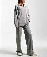 Ensemble deux pièces en tricot à col polo pour femmes, hauts à manches longues, pantalon large, tenue décontractée et ample pour la maison