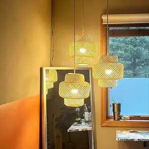 OPPstable lampu gantung kayu gantung, lampu gantung rotan dengan kabel lampu gantung rami bambu