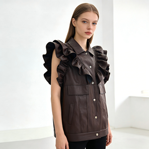 Veste en cuir élégante marron foncé avec manches à volants amples et poches pratiques – Veste en cuir printemps-automne - Product Image 1