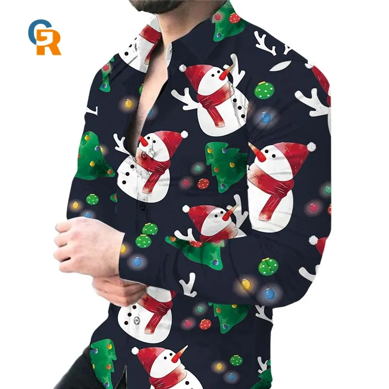 Top Quality Christmas Snowman Pattern Men Printed Shirts Loose Long Sleeve Shirts