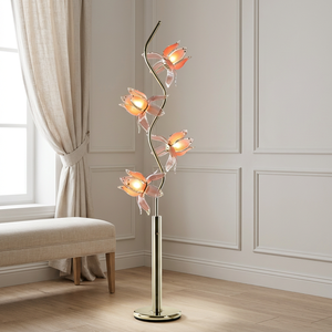 Luxury Ambient Lotus Floor <b>Lamp</b>, Curved Golden Rod Pink Translucent Acrylic Flower <b>Shade</b> Decor <b>Standing</b> Light - Product Image 4