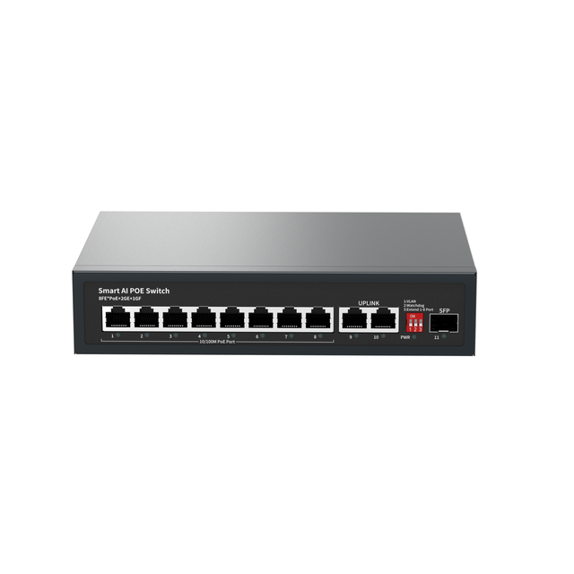 OEM & ODM 100Mbps Ai PoE Ethernet SFP Switch 8PoE+2GigabitUplink+1SFP 7.6Gbps Capacity VLAN Support Network Switch