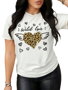 T-shirt da donna con stampa leopardata Wild Love Heart, casual, girocollo, manica corta, in cotone traspirante, per la primavera e l'estate - Product Image 1