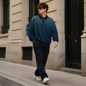 <span class=keywords><strong>Felpa</strong></span> Personalizzata da Uomo <span class=keywords><strong>Blu</strong></span> Sfumato in Pile Pesante con Colletto a Bottoni Oversize a Maniche Lunghe Stile <span class=keywords><strong>Polo</strong></span> - Product Image 2