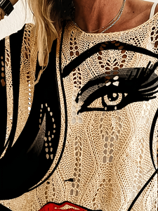 Suéter de punto con estampado de labios rojos estilo Pop Art para <span class=keywords><strong>mujer</strong></span>, top de verano oversize de malla Pointelle, jersey artístico narrativo de poliéster - Product Image 6