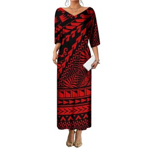 Robe longue maxi personnalisée pour <span class=keywords><strong>femme</strong></span>, style populaire, col en V, <span class=keywords><strong>rose</strong></span> vif et blanc, imprimé tribal polynésien, manches longues, style Asie-Pacifique - Product Image 3