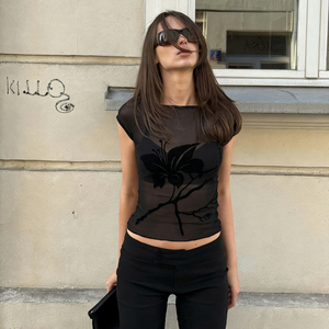 Crop top sexy en maille patchwork à imprimé floqué, style Y2K, pour femme, noir, coupe slim, manches courtes - Product Image 3