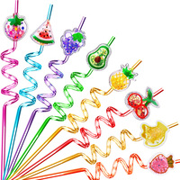 Accessoires de Bar de décoration de fête Nouveau Cocktail Unique Paille en spirale réutilisable Glitter Food Fruit Topper Paille à boire en plastique