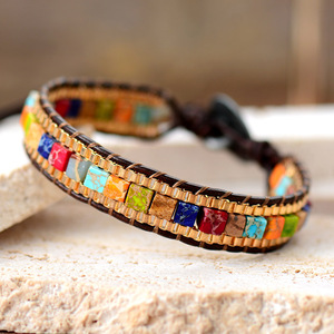 Turquoise Blue Geometric Beaded Bracelet Copper Alloy Channel Setting Leather Wrap Gift Jewelry - Product Image 3